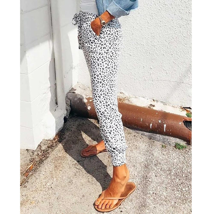 Damen nan lässige Leoparden-Print Jogginghose mit Tunnelzug, Eingrifftaschen und elastischen Bündchen Drune