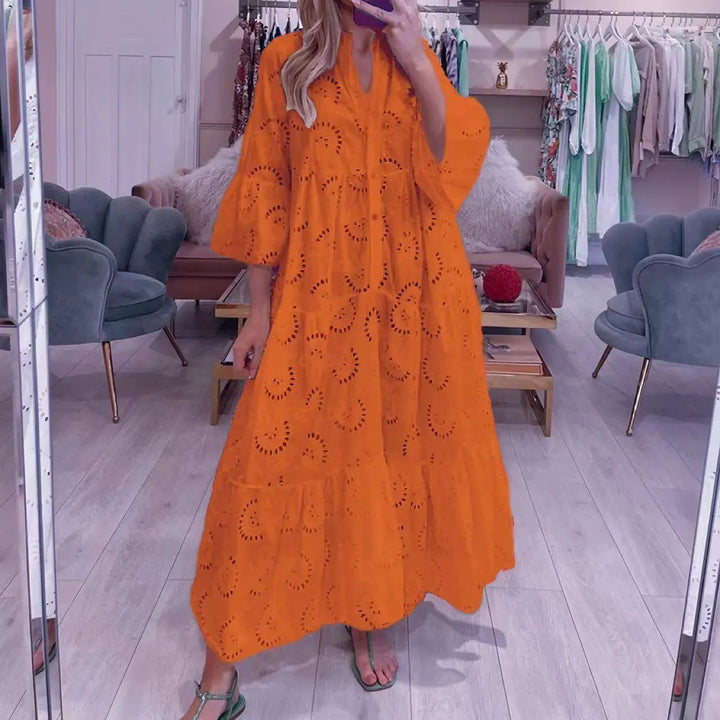 Drune | Frauenlanges V-Ausschnitt Kleid im französischen Stil
