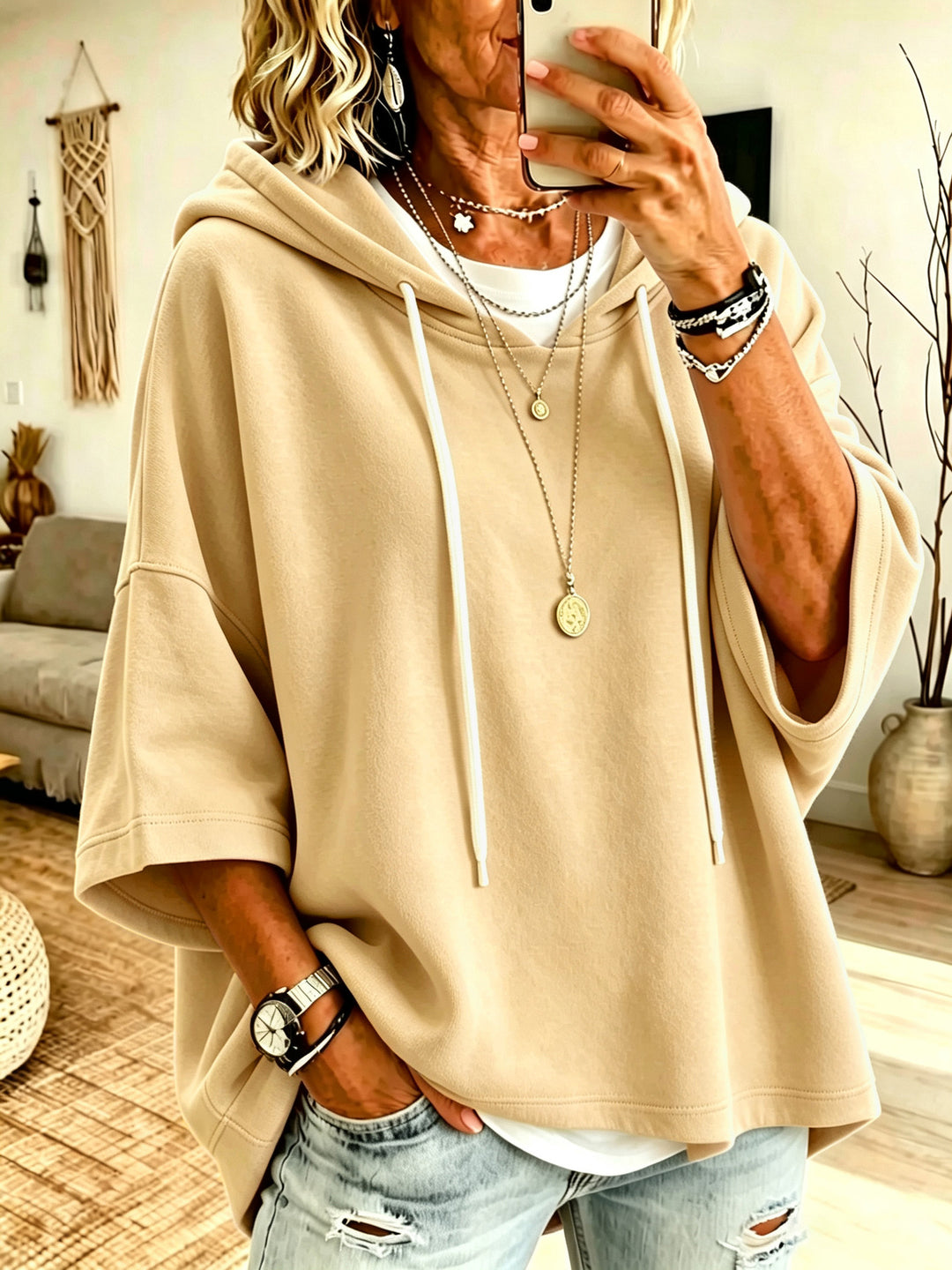 Damen Kurzarm-Oversize-Hoodie mit Kapuze und Kontrastkordel Drune