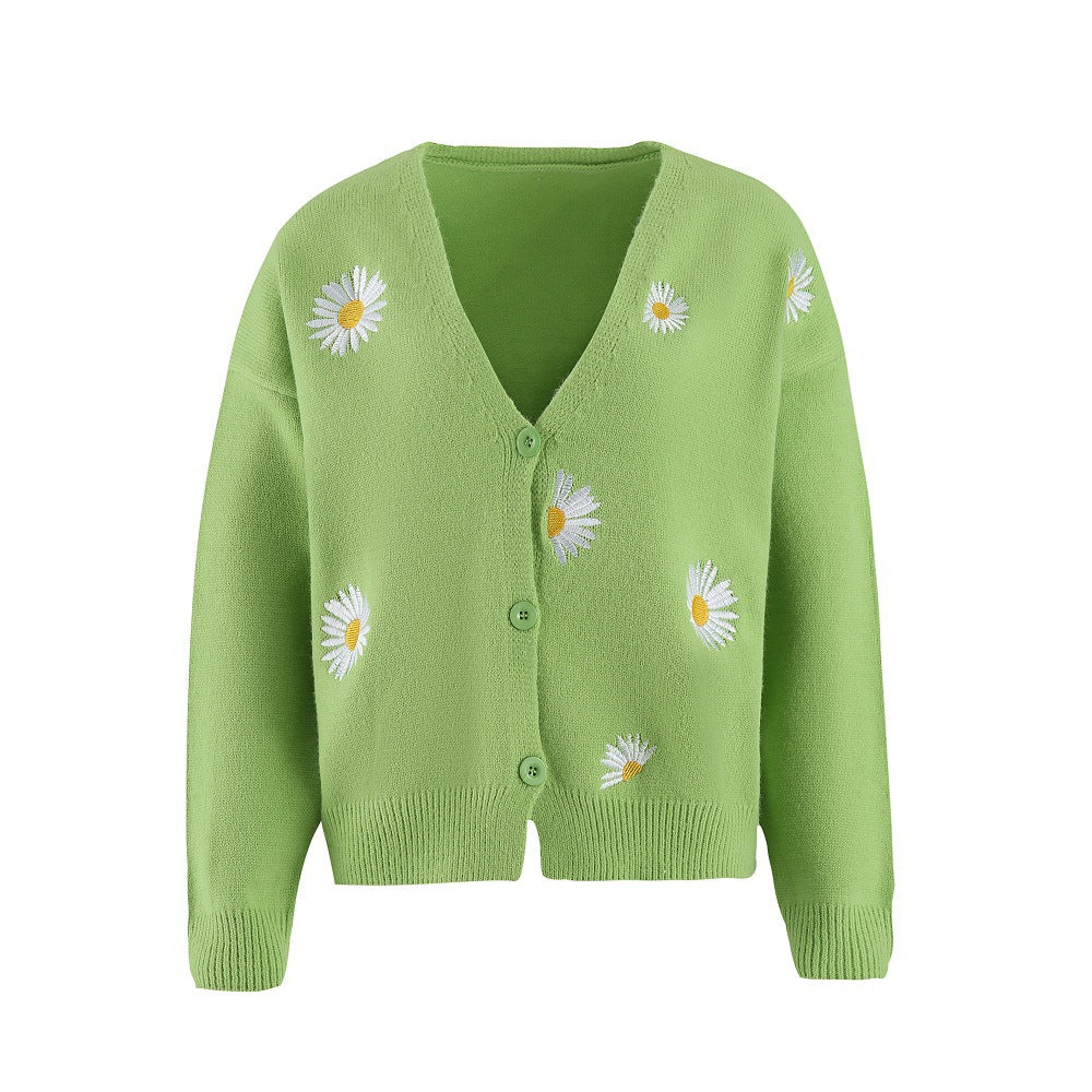 Damen Strickjacke mit Blumenstickerei und V-Ausschnitt Drune