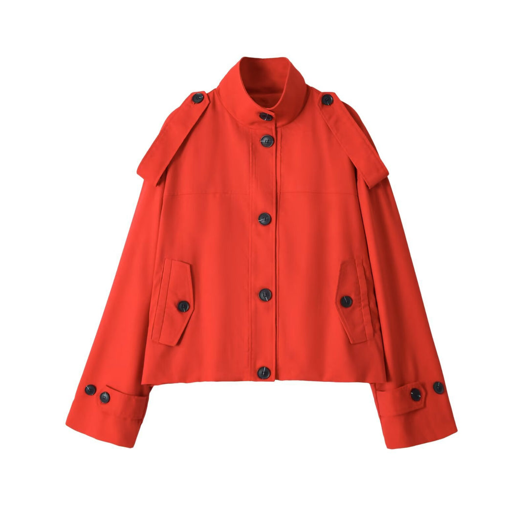 Damen Kurzer Trenchcoat mit Stehkragen und Schulterklappen Drune
