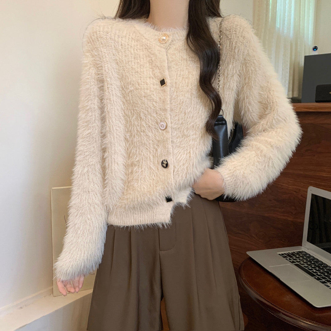Damen kuschelige Strickjacke mit Knöpfen und weichem Fellstruktur Drune