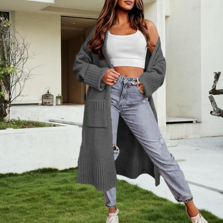 Damen Langer Strickcardigan mit gerippten Ärmeln und praktischen Taschen Drune