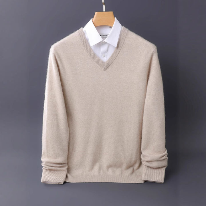 Herren Feiner V-Ausschnitt-Pullover aus Merino-Kaschmir-Mix mit gerippten Bündchen Drune
