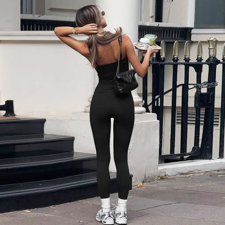 Damen schmal geschnittener Jumpsuit mit verstellbaren Spaghettiträgern und hohem Bund Drune