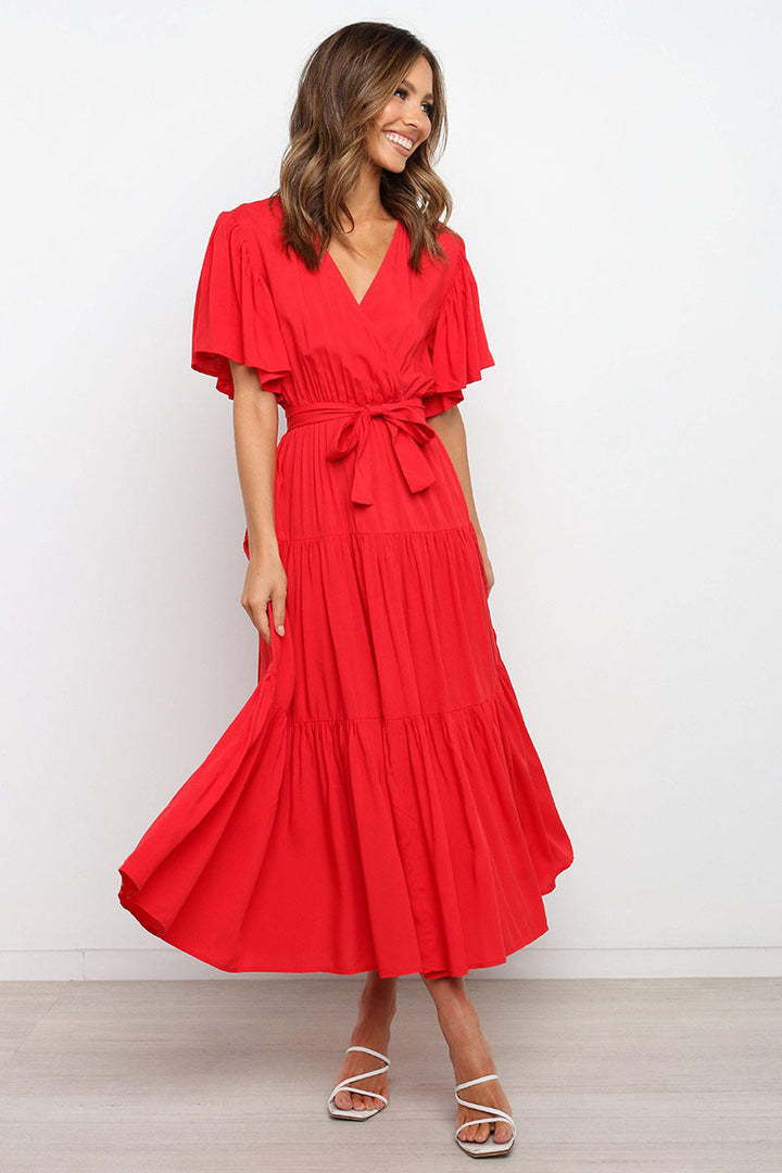 Damen Maxikleid mit tiefem V-Ausschnitt und schwingenden Ärmeln Drune