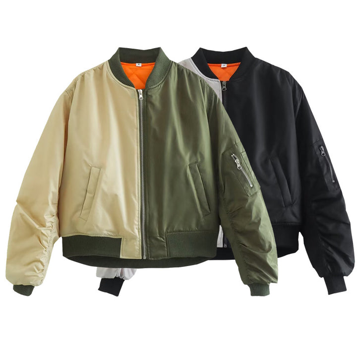 Damen modische Bomberjacke mit verspieltem Patchwork-Design und praktischen Reißverschlusstaschen Drune