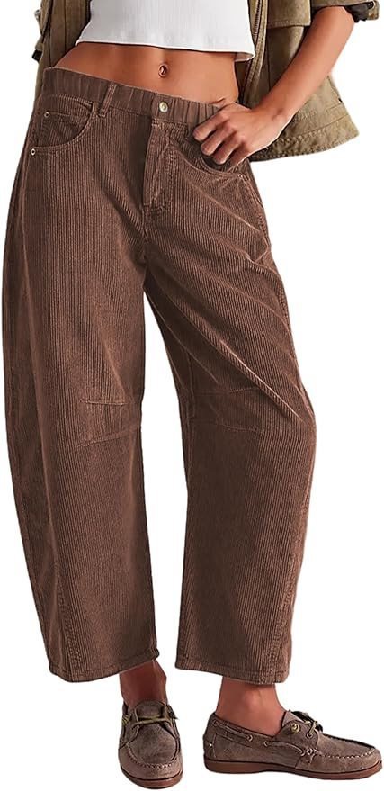 Damen Weite Cordhose mit hoher Taille, Cropped-Bein und Eingriffstaschen Drune