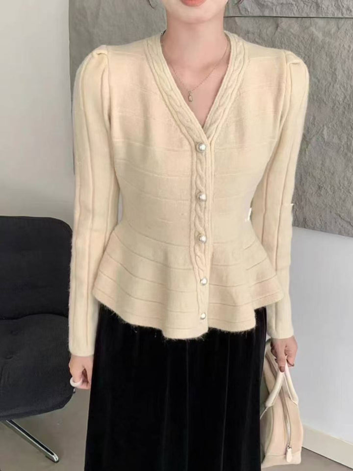 Damen elegante Strickjacke mit strukturiertem Design und femininen Puffärmeln Drune