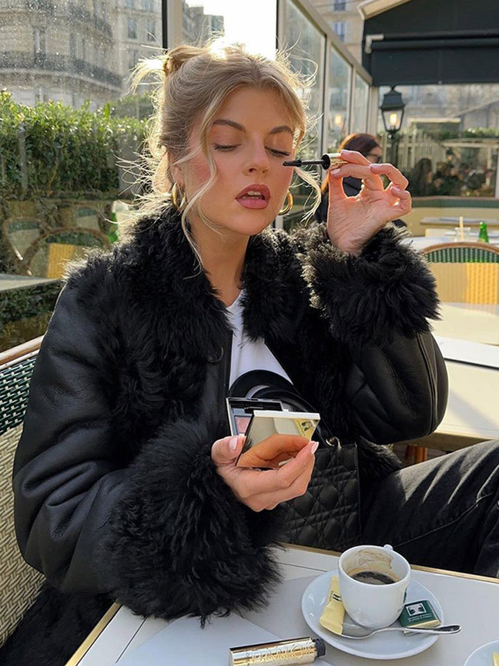 Damen Oversize Kunstleder-Mantel im Aviator-Stil mit voluminösem Faux-Fur-Kragen und Teddybündchen Drune