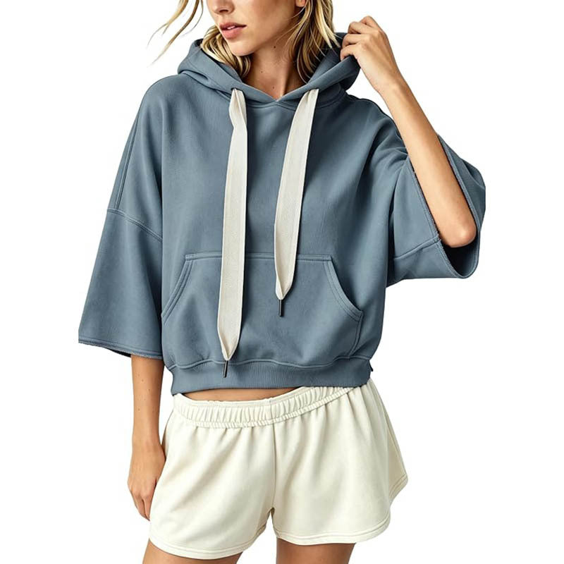 Damen Cropped Kapuzenpullover mit 3/4-Ärmeln und Kängurutasche Drune