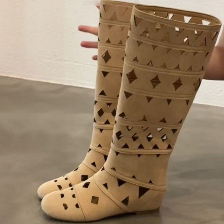 Damen Kniehohe Cut-Out Stiefel im Gladiator-Stil aus Velourslederoptik mit flacher Sohle Drune