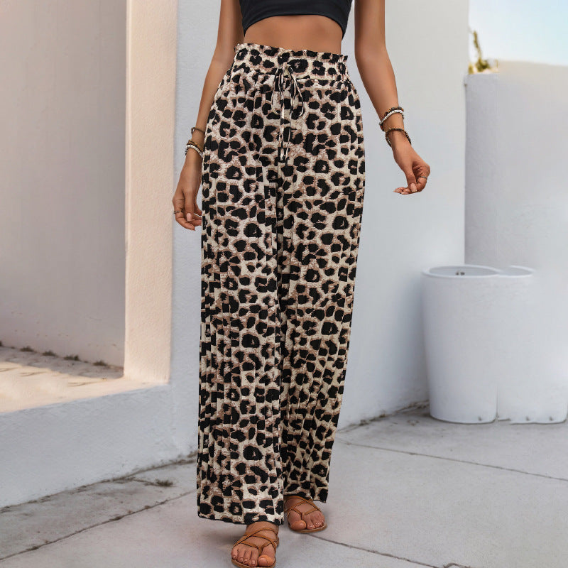 Damen Leichte Palazzo-Hose mit elastischem Bund, Bindekordel und Animal-Print Drune
