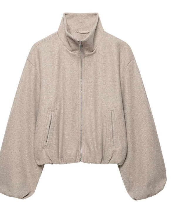 Damen Cropped‑Fleece‑Bomberjacke mit Stehkragen, balligen Ärmeln und elastischem Saum Drune