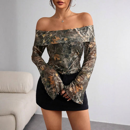 Damen nan schulterfreies Langarm-Top mit Camouflage-Blattmuster und ausgestellten Ärmeln Drune