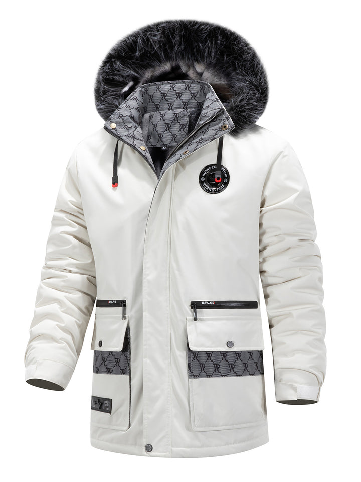 Herren Langer Thermo-Parka mit Kapuze, Logo-Innenfutter und Multifunktions-Taschen Drune