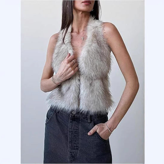 Damen Ärmelloses Cropped-Kunstpelz-Set mit Minirock und flauschigen Stulpen Drune