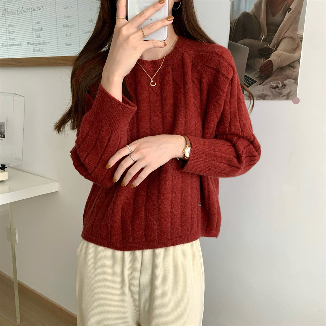 Damen lässiger Strickpullover mit Waffelmuster und weitem Schnitt Drune