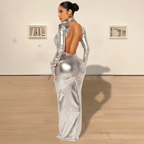 Damen Glänzendes Langarm-Maxi-Kleid mit hohem Kragen und figurbetontem Design Drune