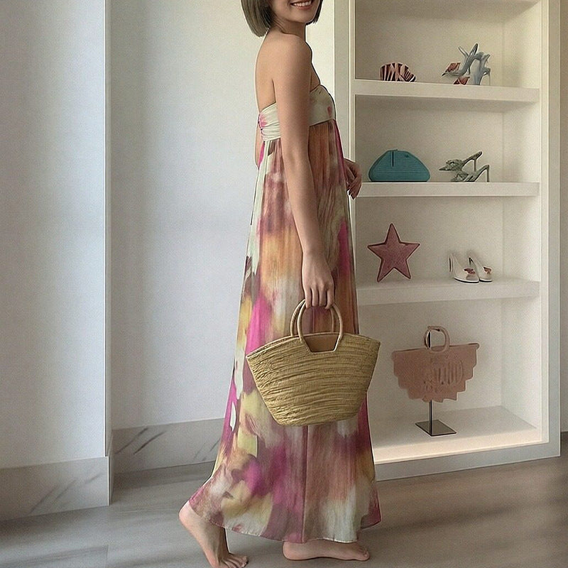 Damen Lange Strandkleid mit schulterfreiem Design und floralem Muster Drune