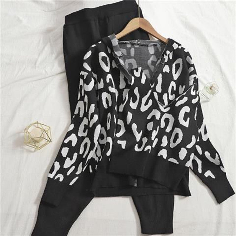 Damen gemütliches Strick-Loungewear-Set mit Leopardenmuster Drune