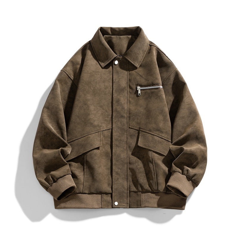Herren Oversize Bomberjacke im Veloursleder‑Look mit Brustreißverschluss & Pattentaschen Drune