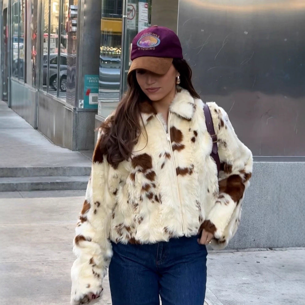Damen kuschelige Kunstpelzjacke mit modischem Tierdruck Drune