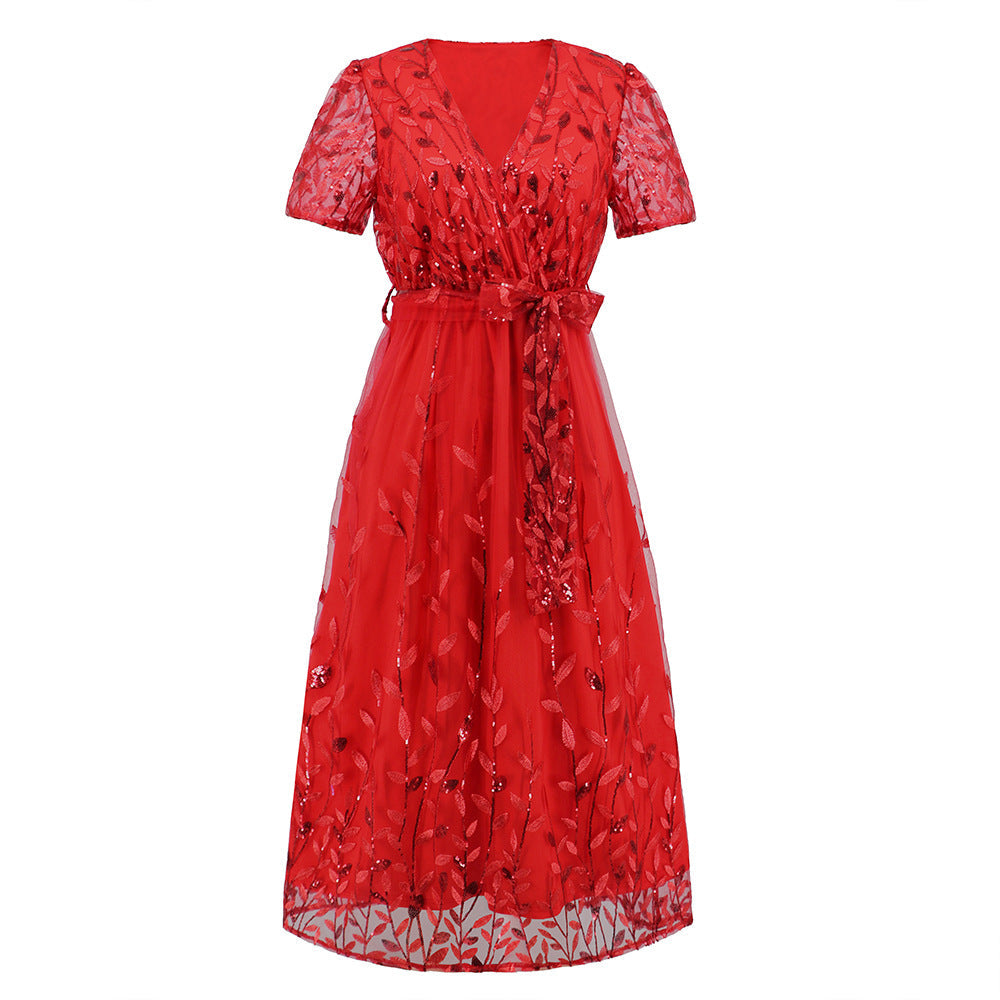 Drune | Kurzärmliges Kreuz V-Ausschnitt Gürtel Midi Kleid