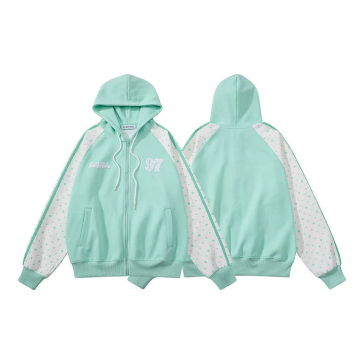 Damen Kapuzen‑Sweatjacke mit durchgehendem Reißverschluss, Raglanärmeln und Polka‑Dot‑Einsätzen Drune