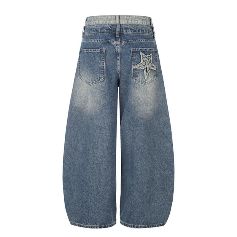 Damen High-Waist Weite Denim-Culotte mit Stern-Applikationen und Fransen-Detail Drune