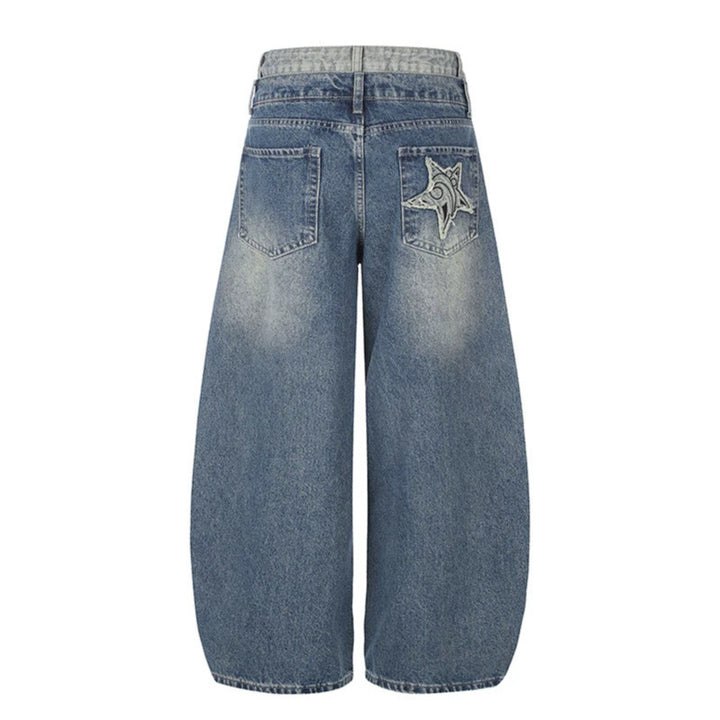 Damen High-Waist Weite Denim-Culotte mit Stern-Applikationen und Fransen-Detail Drune