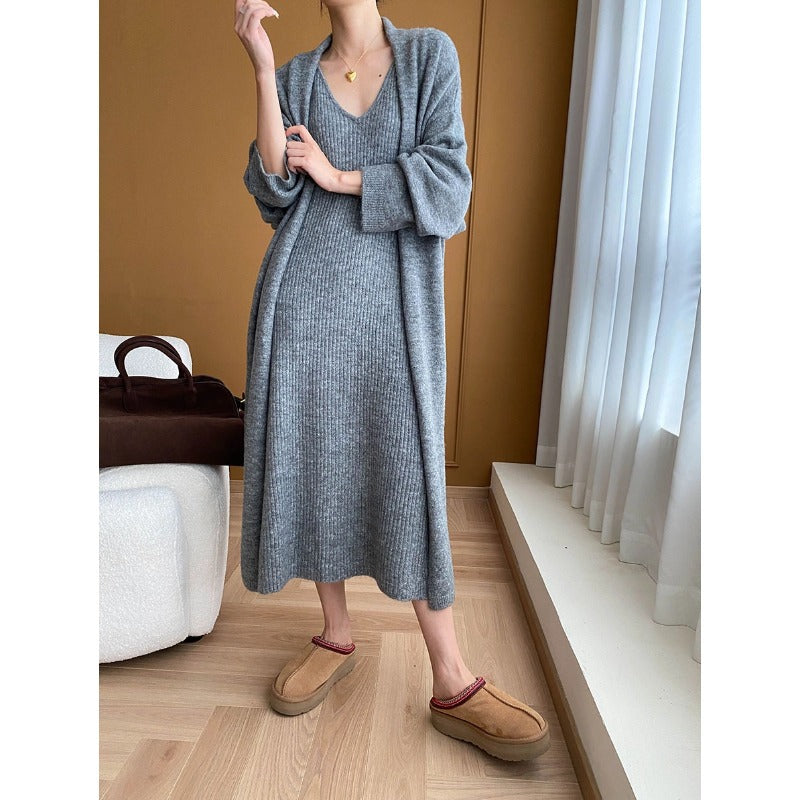 Damen gestricktes Maxikleid mit V-Ausschnitt und lässiger Jacke Drune