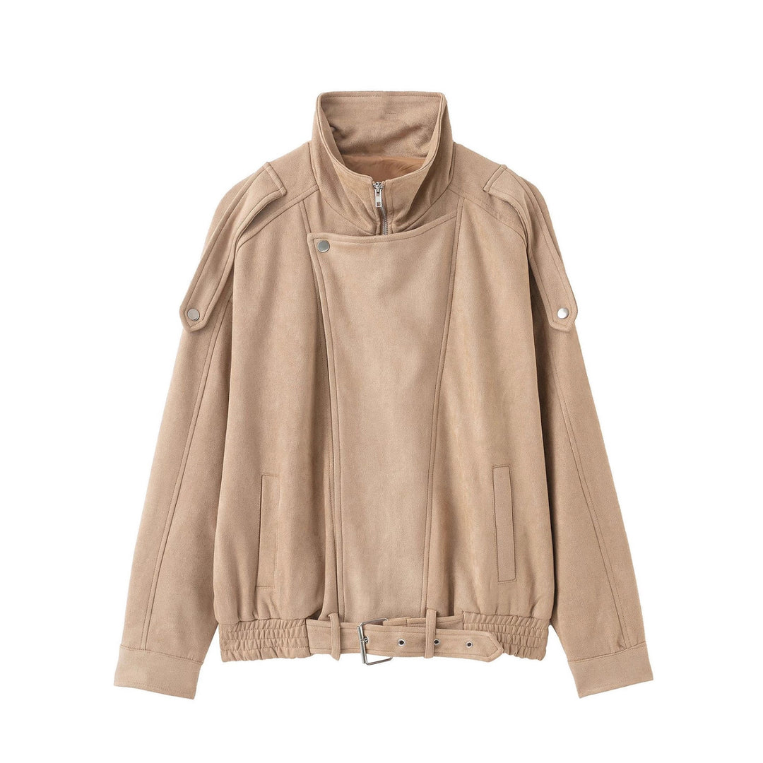 Damen Kurzjacke im Wildleder‑Look mit hohem Stehkragen, Schulterklappen und Taillengürtel Drune