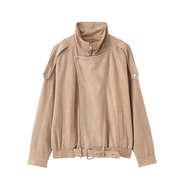 Damen Kurzjacke im Wildleder‑Look mit hohem Stehkragen, Schulterklappen und Taillengürtel Drune