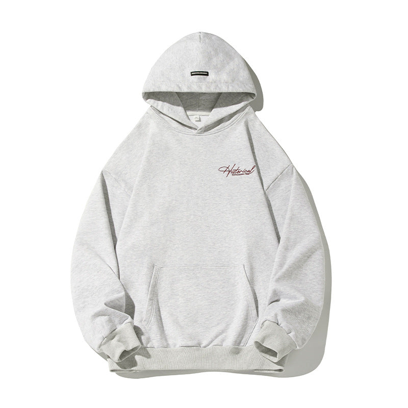Unisex Komfort-Kapuzenpullover mit verlängertem Rückenteil, Raglanärmeln und Script-Stickerei Drune