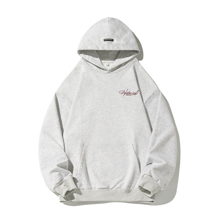 Unisex Komfort-Kapuzenpullover mit verlängertem Rückenteil, Raglanärmeln und Script-Stickerei Drune