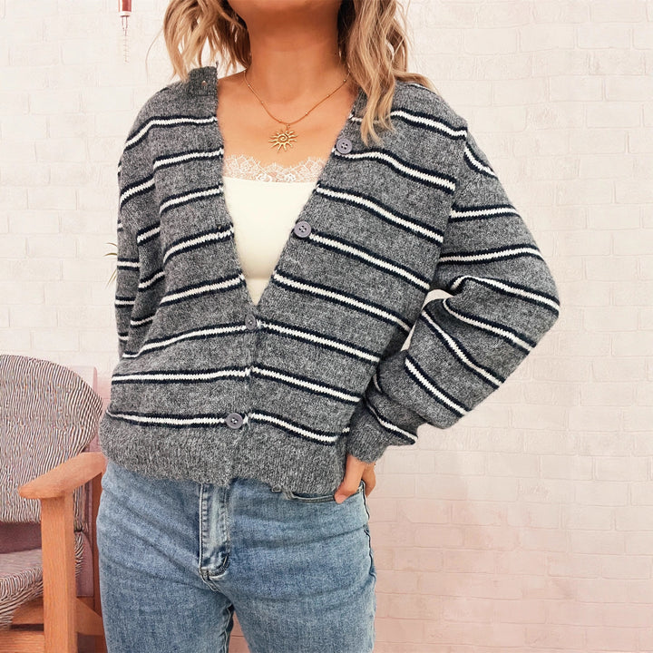 Damen Langärmliger Strickcardigan mit modischem Streifenmuster Drune