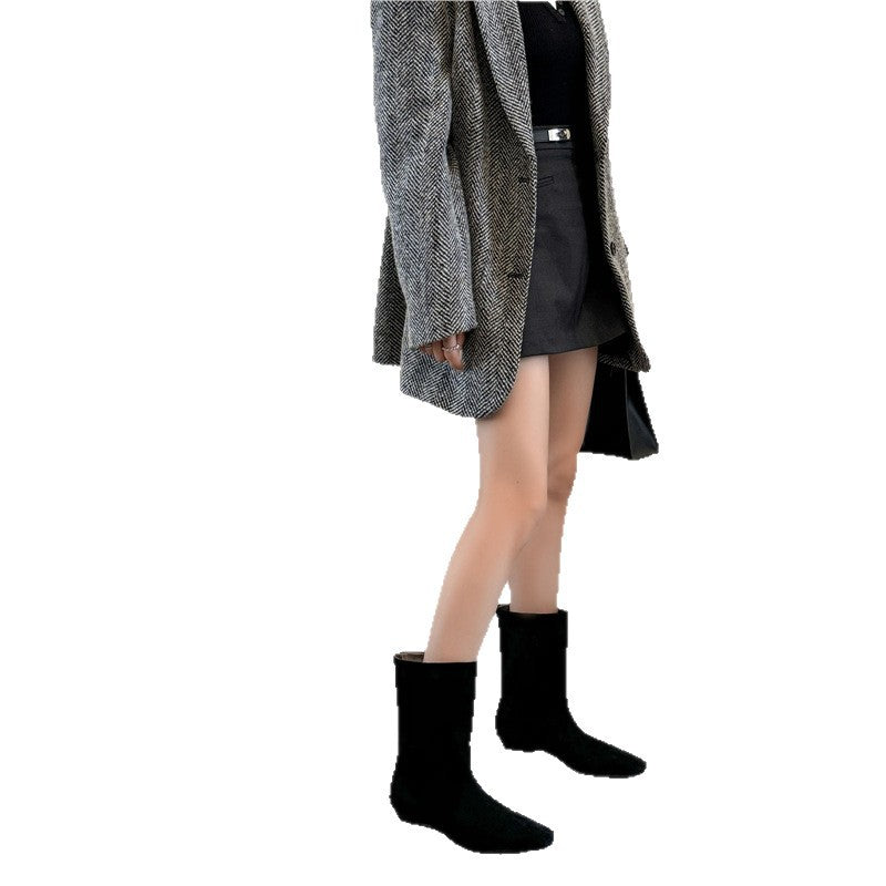 Damen halbhohe Veloursleder-Stiefel mit spitzer Zehenform und flacher Keilsohle Drune