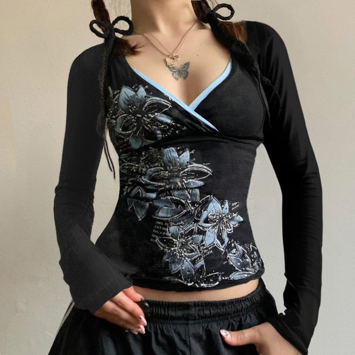 Damen Langarm-Crossover-Top mit V-Ausschnitt, floraler Seitenprint und Kontrastbesatz Drune