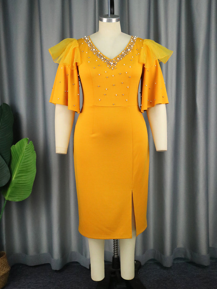 Damen elegantes Schimmerndes Midi-Kleid mit Volantrüsche und Glamourösen Akzenten Drune