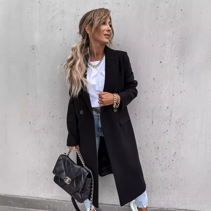 Damen eleganter Langblazer mit Taschen und schmalem Schnitt Drune