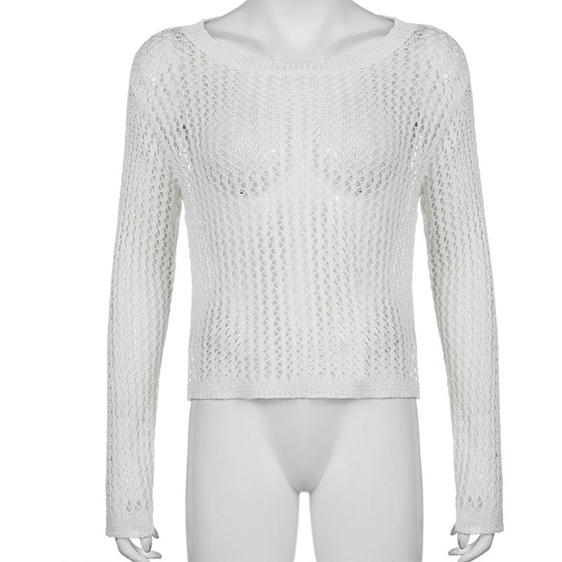 Damen luftiger Strickpullover mit feinem Netzmuster Drune
