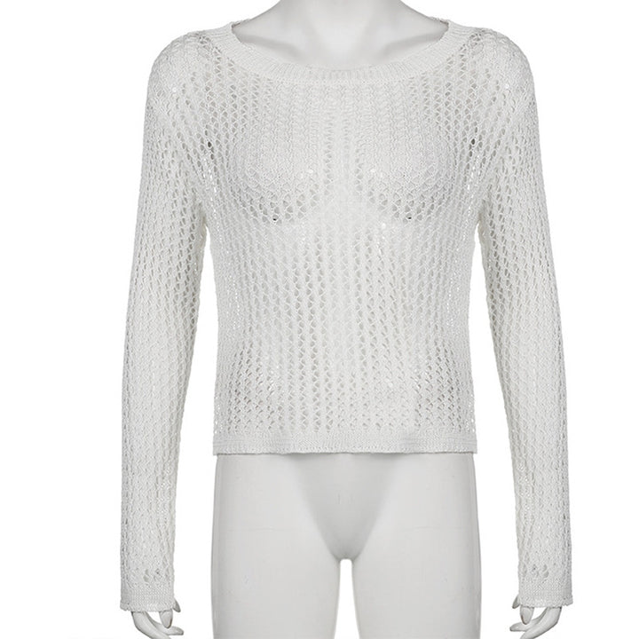 Damen luftiger Strickpullover mit feinem Netzmuster Drune