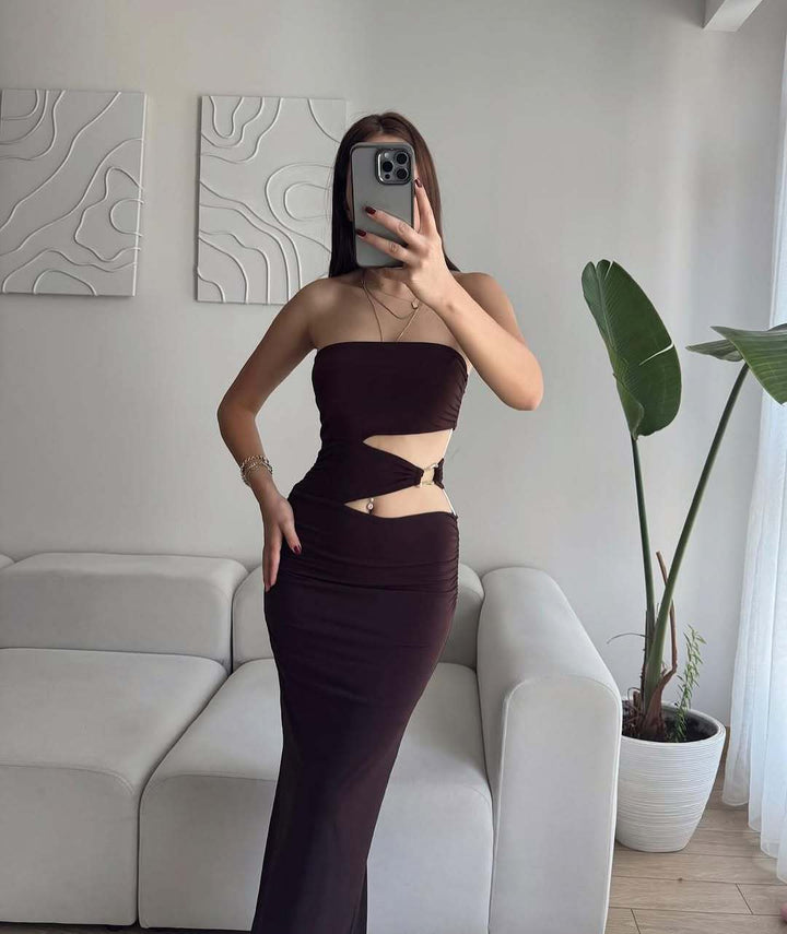 Damen elegantes Bodenkleid mit gerafftem Design und verstellbarem Gürtel Drune