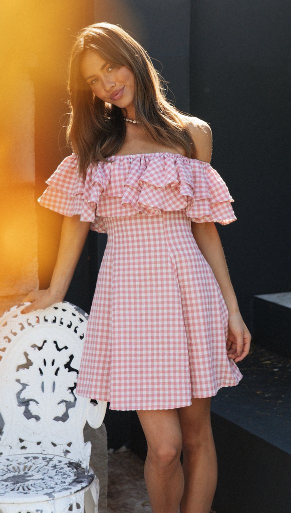 Damen Schulterfreies Sommerkleid mit Rüschen und süßem Karomuster Drune
