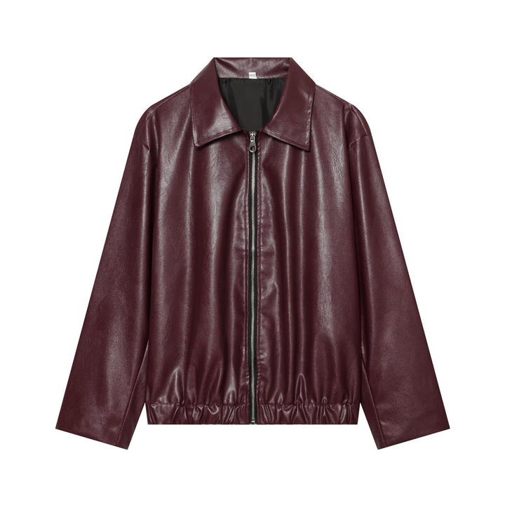 Damen Weiter Kunstleder-Blouson mit durchgehendem Reißverschluss, Hemdkragen und gerafftem Saum Drune