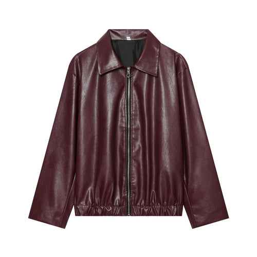 Damen Weiter Kunstleder-Blouson mit durchgehendem Reißverschluss, Hemdkragen und gerafftem Saum Drune