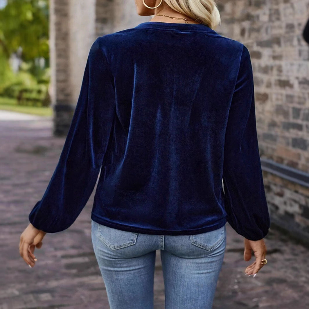 Damen Samtsweatshirt mit Henley-Knopfleiste, geraffter Brustpasse und lockerer Silhouette Drune