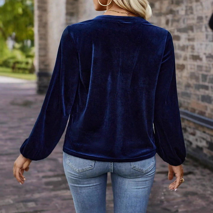 Damen Samtsweatshirt mit Henley-Knopfleiste, geraffter Brustpasse und lockerer Silhouette Drune
