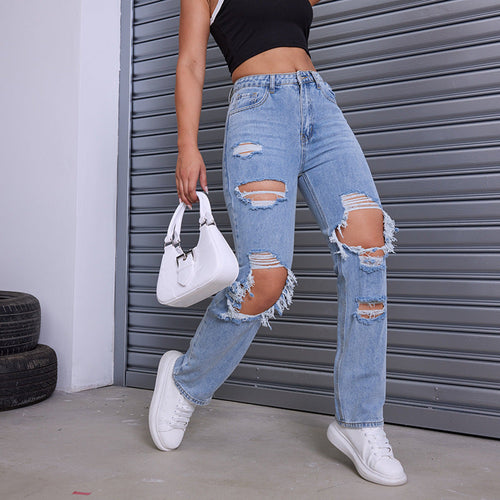 Drune | Hohe Taille Lockere Passform Zerrissene Jeans Knöchellang